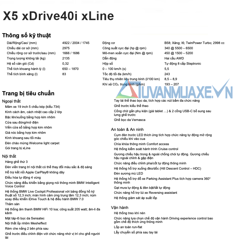 Thông số kỹ thuật xe BMW X5 2019 tại Việt Nam