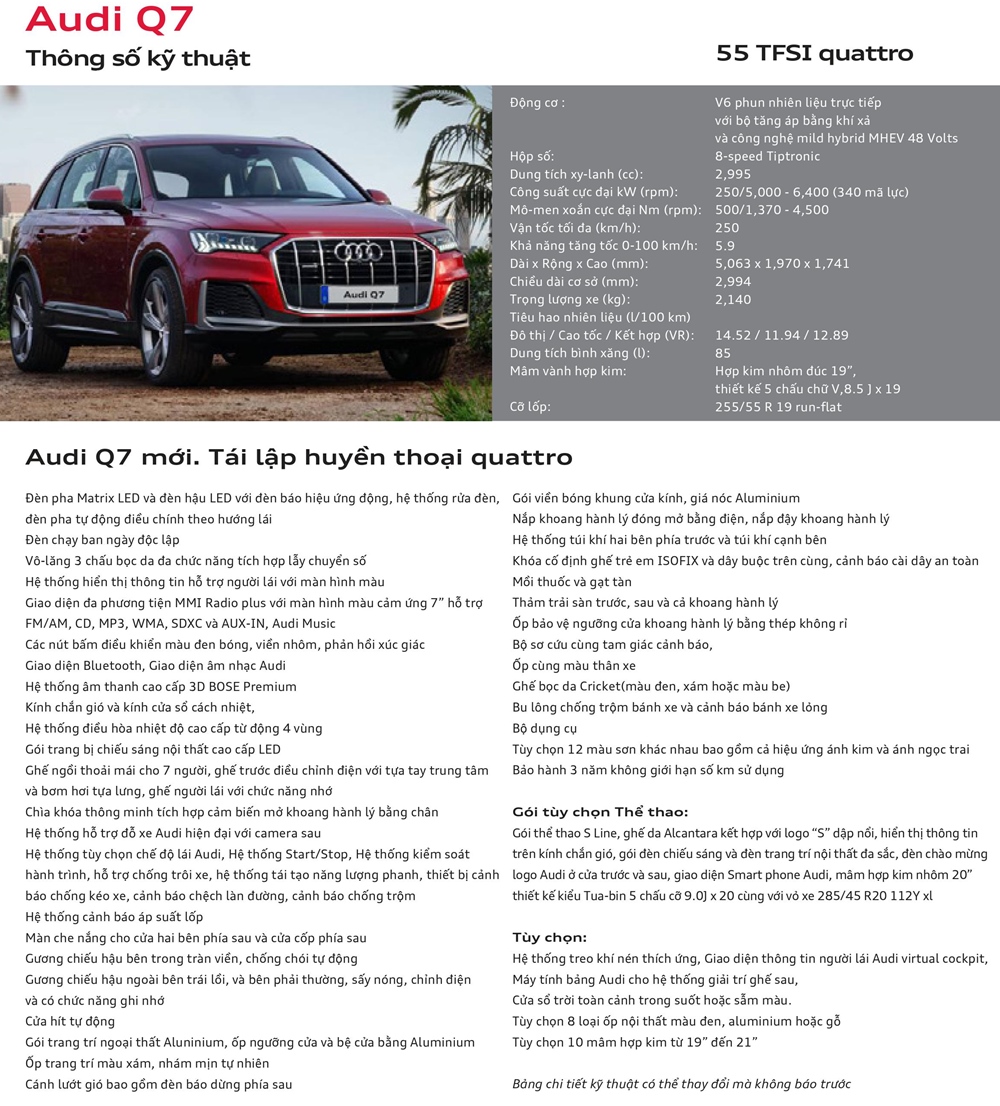 Thông số kỹ thuật và trang bị tính năng xe Audi Q7 2020 tại Việt Nam - Ảnh 9