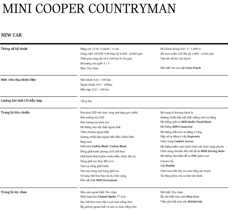 Thông số kỹ thuật xe MINI Countryman 2018-2019 tại Việt Nam - Ảnh 4